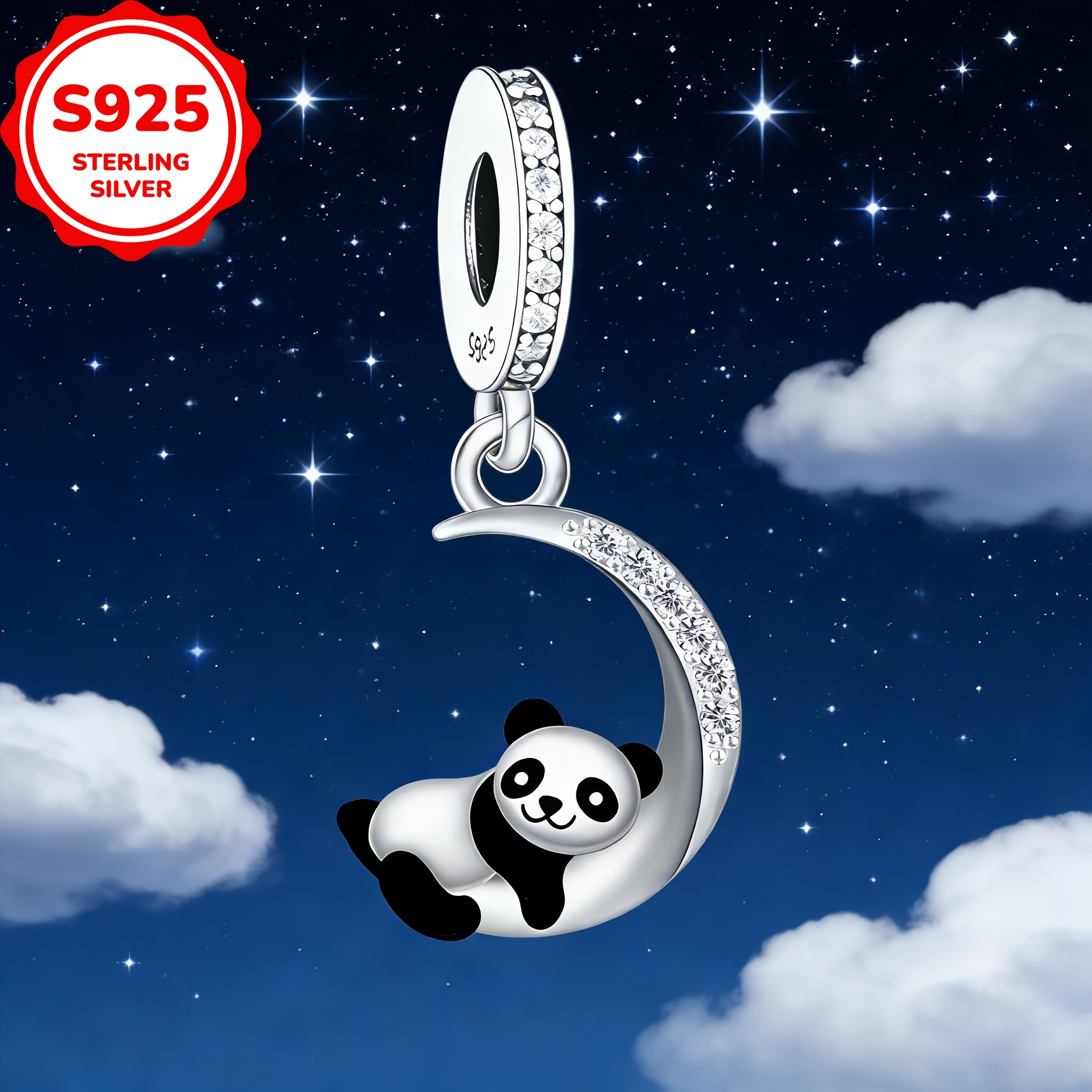 925 Sterling Silver Panda Moon Shaped Pendant for DIY